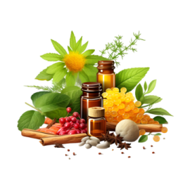a bottle of essential oil surrounded by herbs and spices