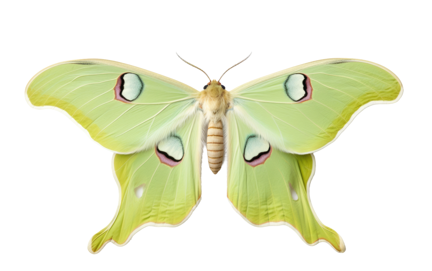 a green and white moth on a white background