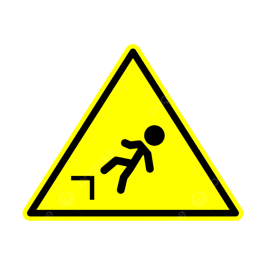 a yellow warning sign with a man falling down the stairs