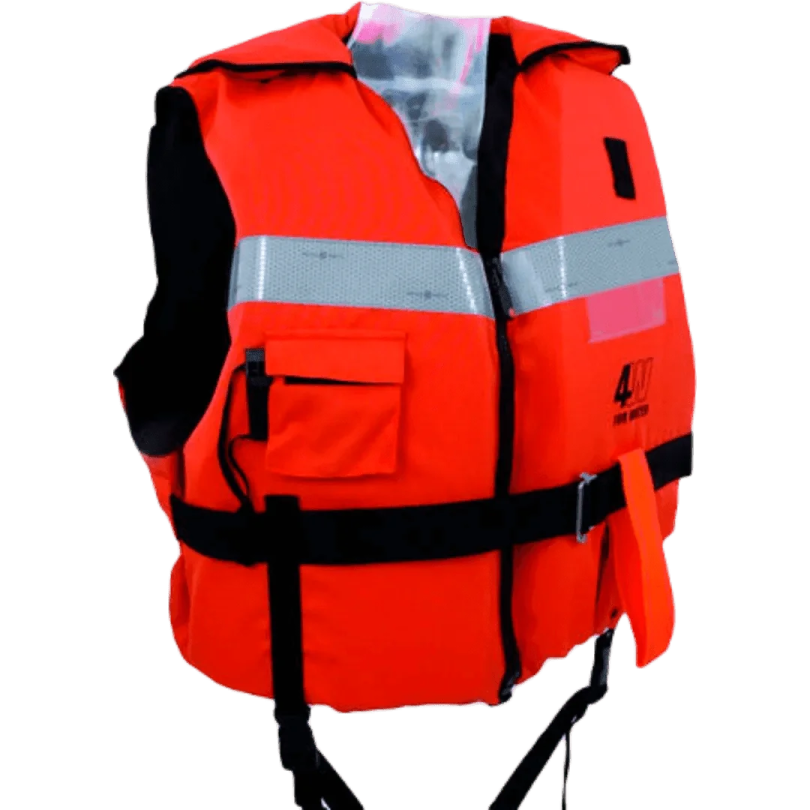 An orange life vest with reflective stripes