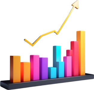 a bar chart with an arrow going up