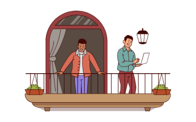 a man and woman standing on the balcony of their house
