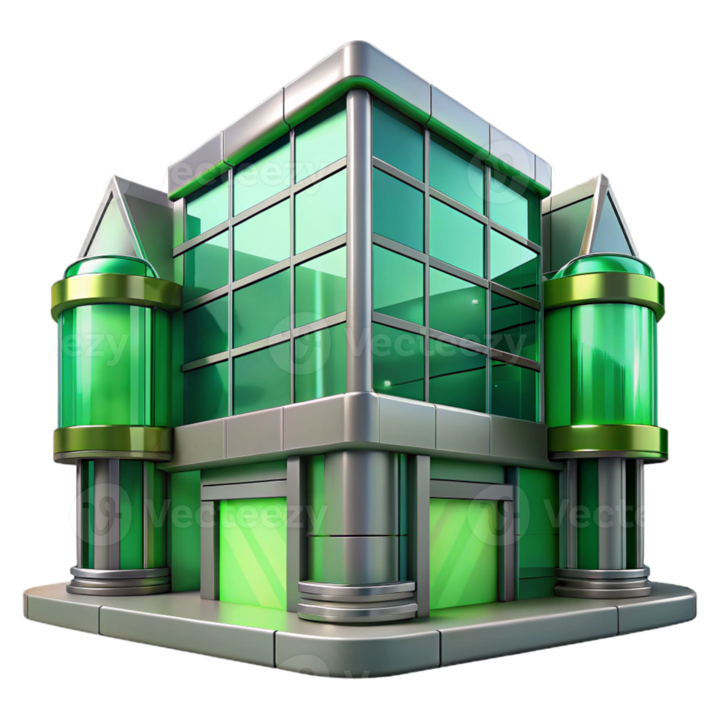 a modern office building with green glass windows