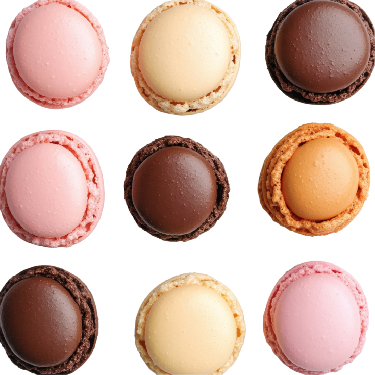 a variety of different colored macarons on white background