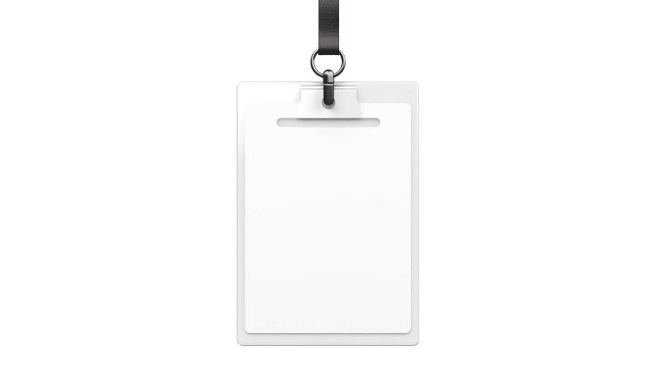 a blank white id card hanging on a black cord