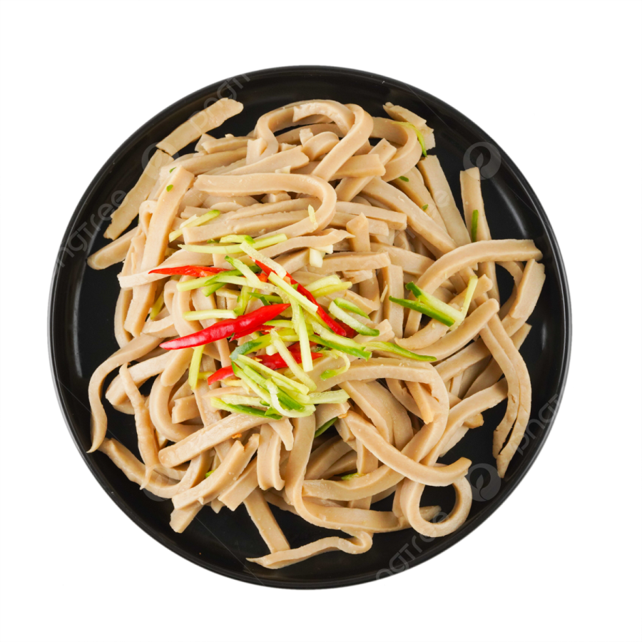 a black plate filled with noodles and vegetables