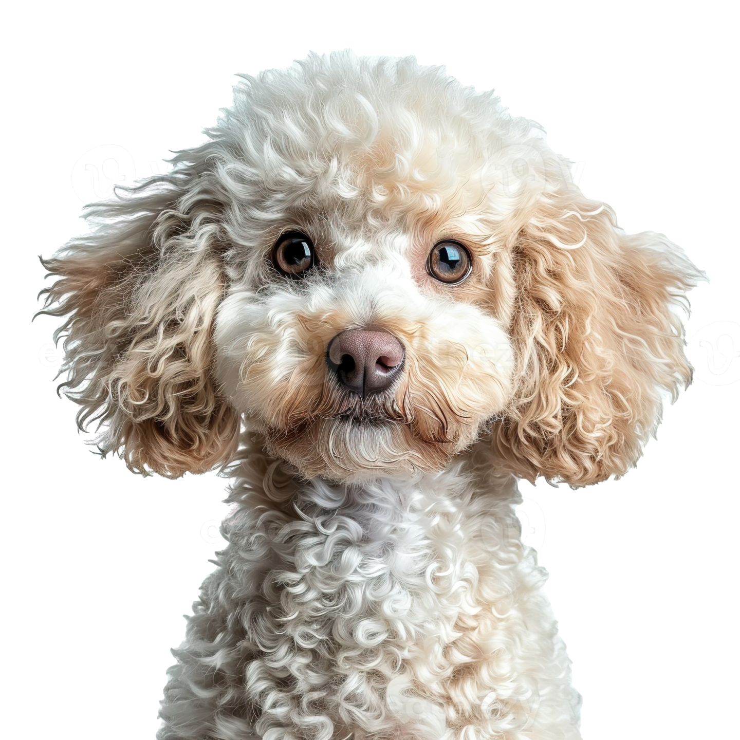 a white and brown dog with curly hair