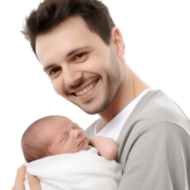 a man holding a baby in his arms