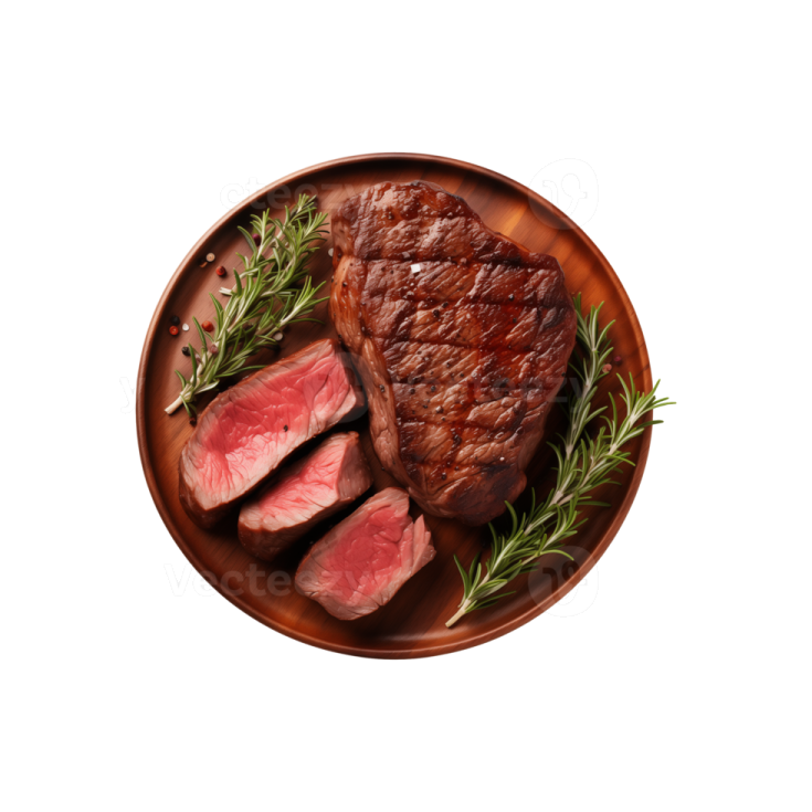 a plate of steak with rosemary on it