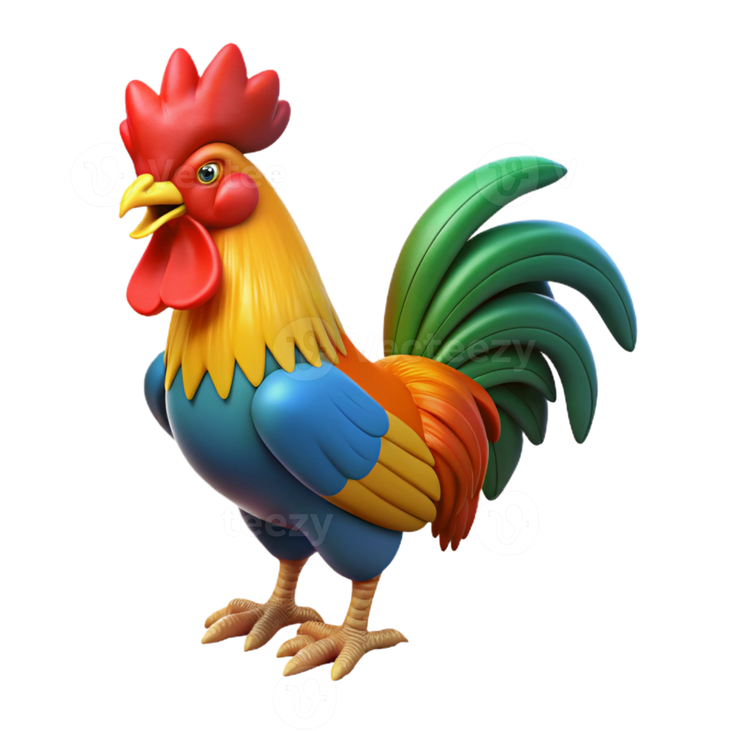 a colorful rooster standing on a white background
