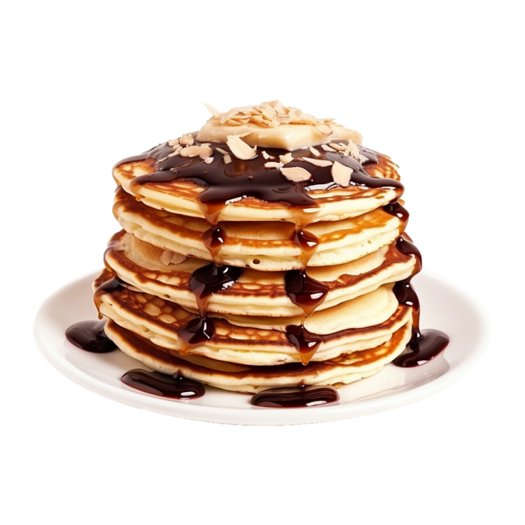 a stack of pancakes with chocolate sauce on top