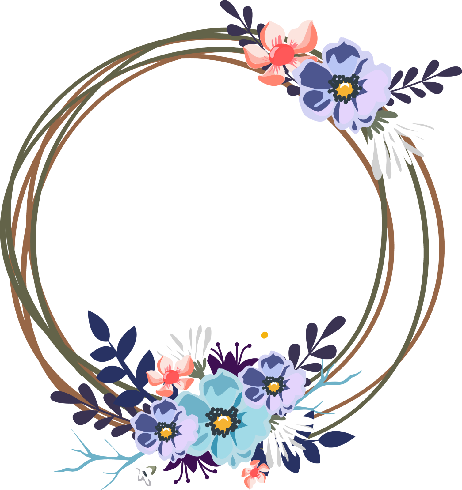a floral wreath with blue and pink flowers