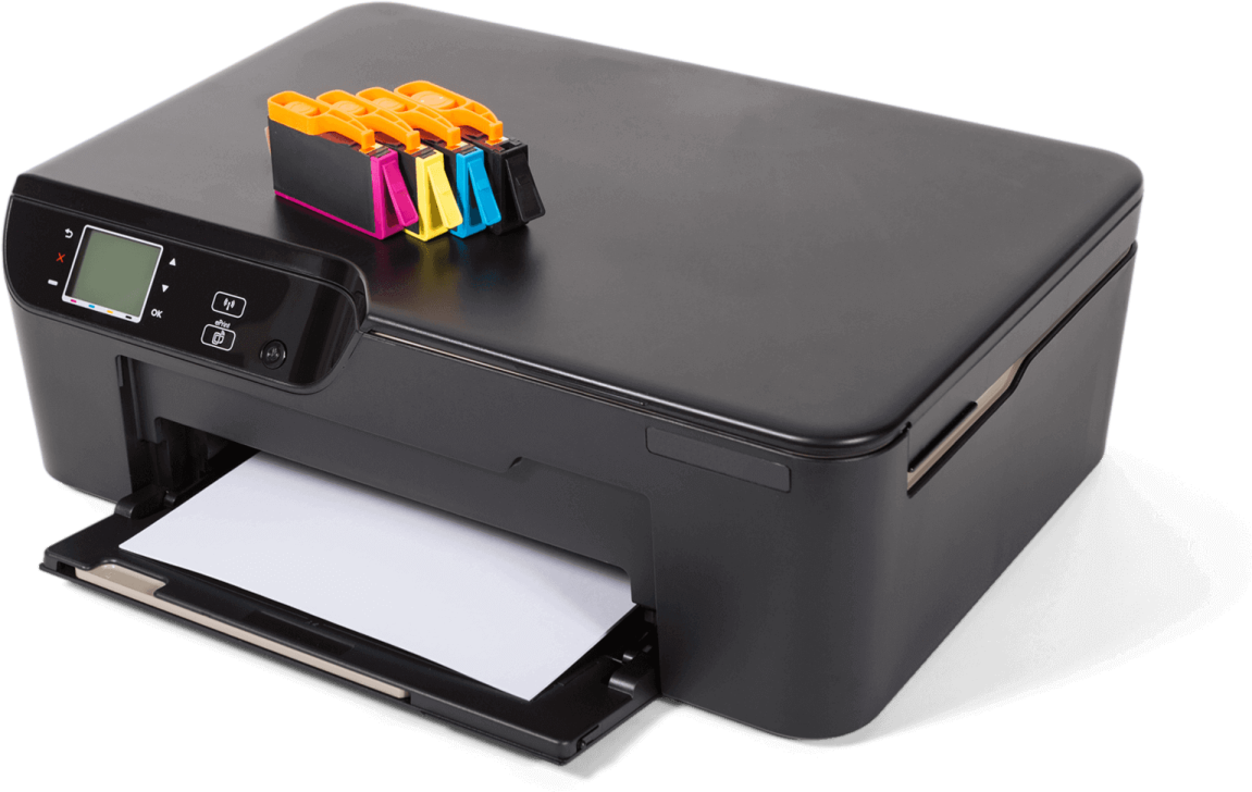 a printer is sitting on top of a white surface