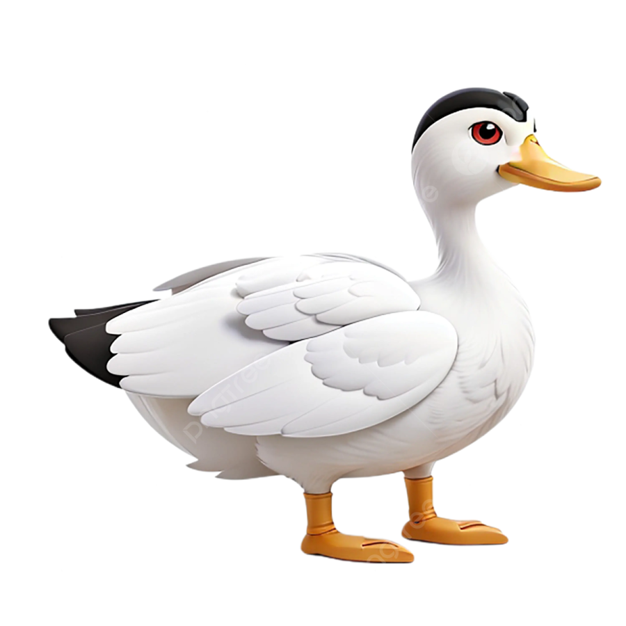 a white and black duck with orange feet
