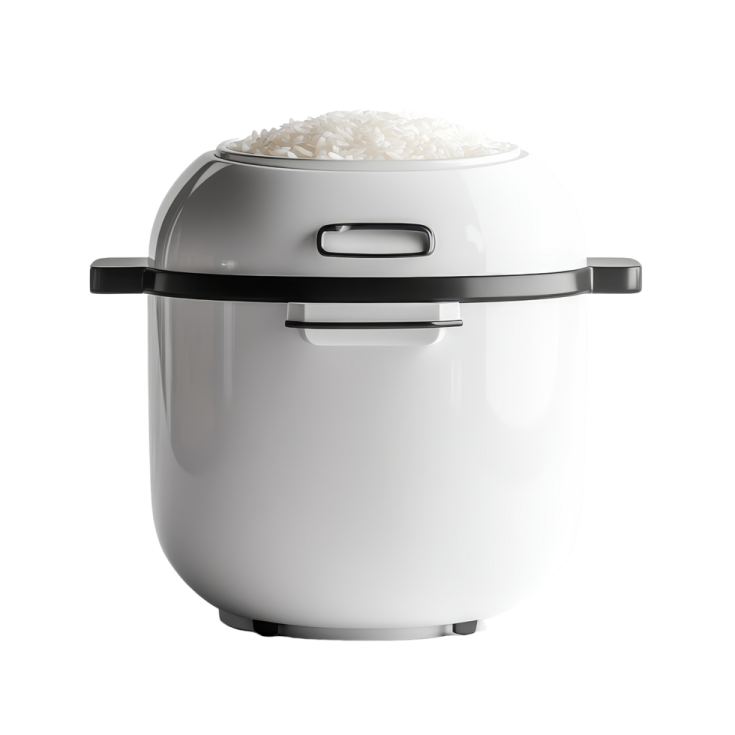a white rice cooker with a black handle