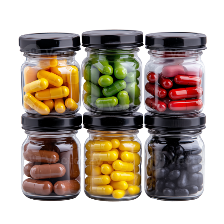 a set of four glass jars filled with jelly beans