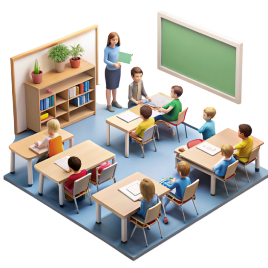 a group of children sitting at desks in a classroom