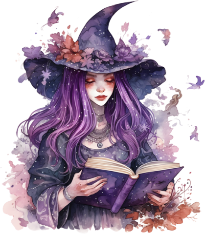 an illustration of a witch reading a book