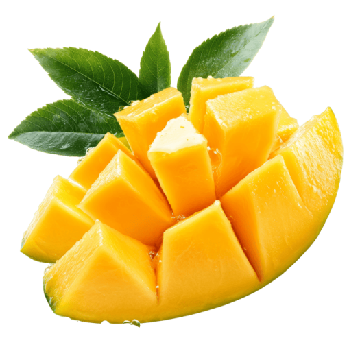 a piece of mango with leaves on it