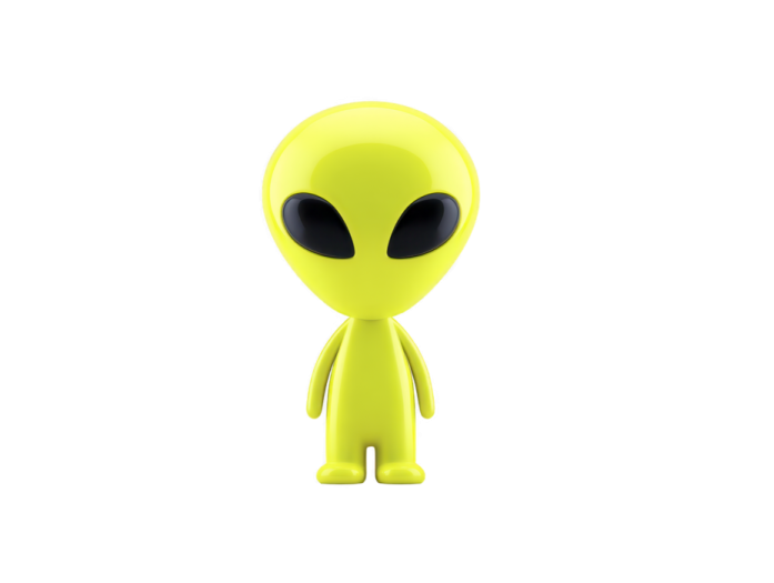 a small yellow alien with black eyes and a black nose