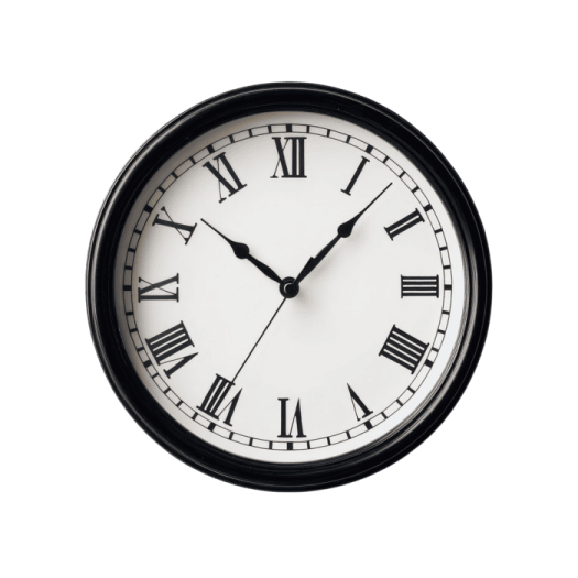 a black and white clock on a white background