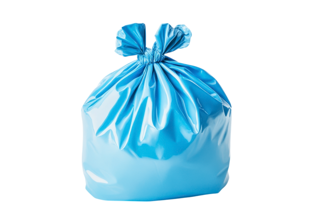 a blue trash bag on a white background