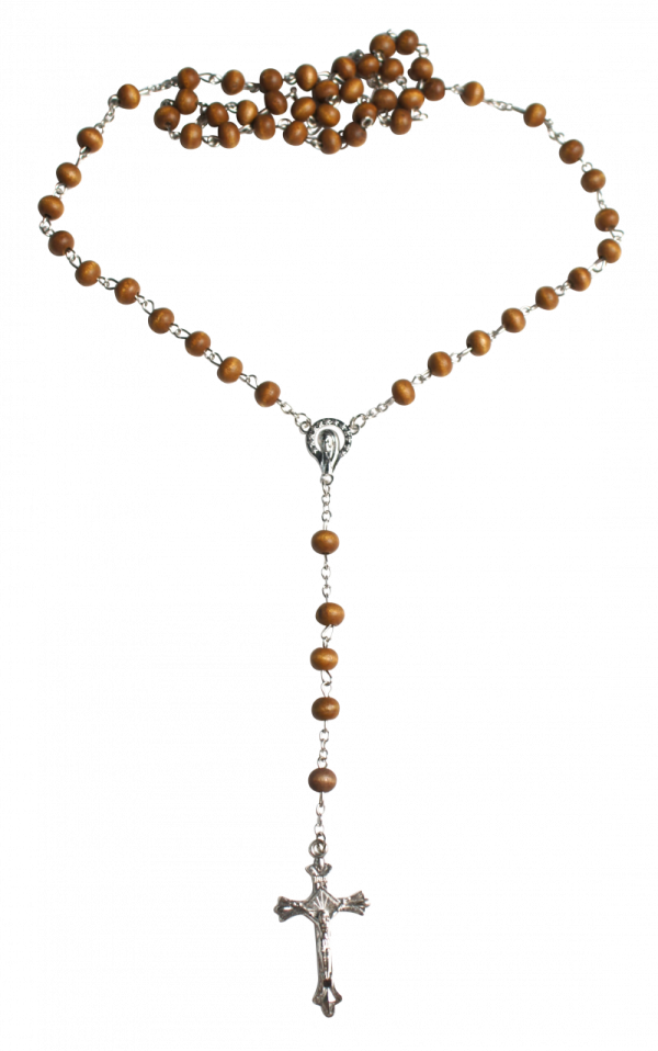 a rosary with wooden beads and a silver cross