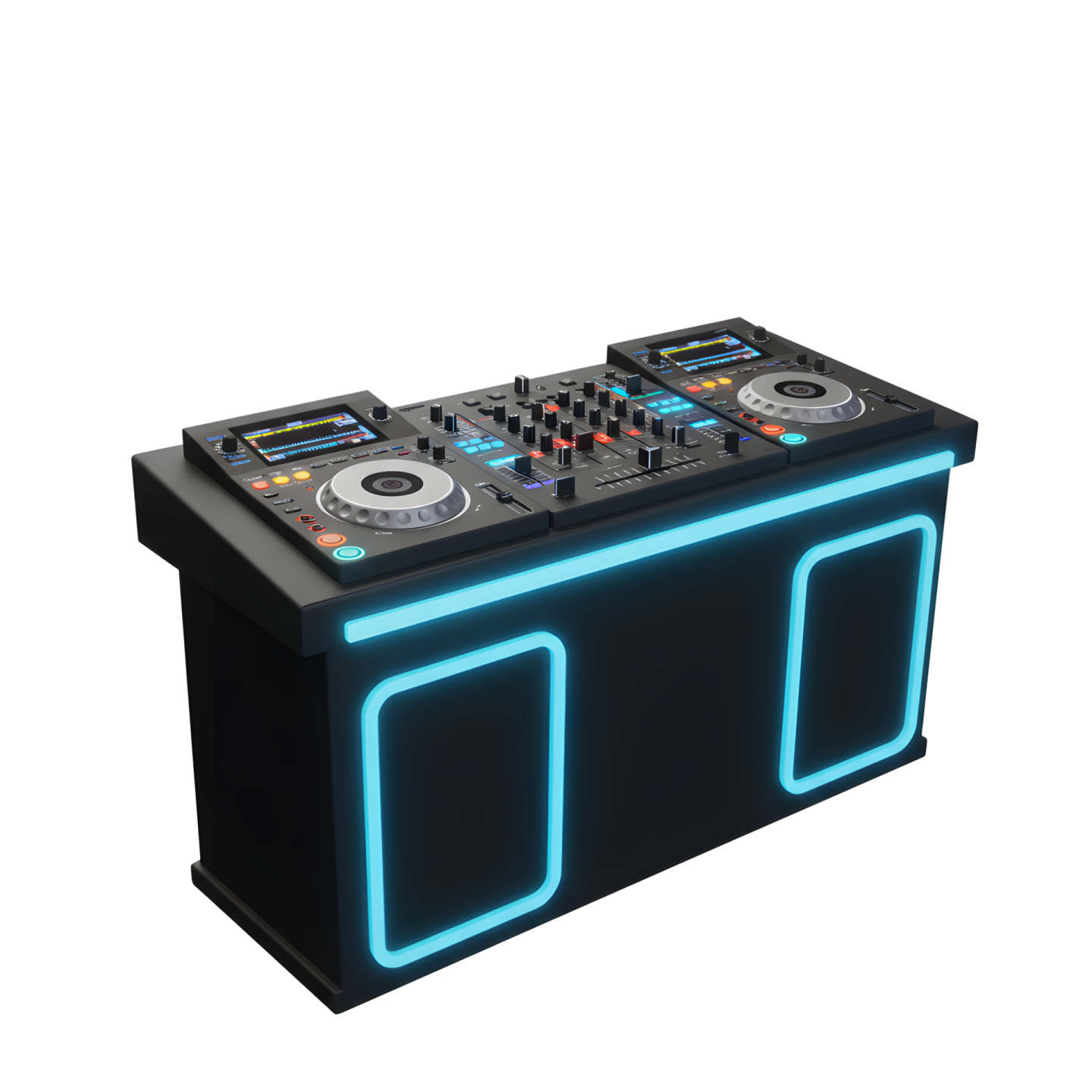 a black and blue light up dj station