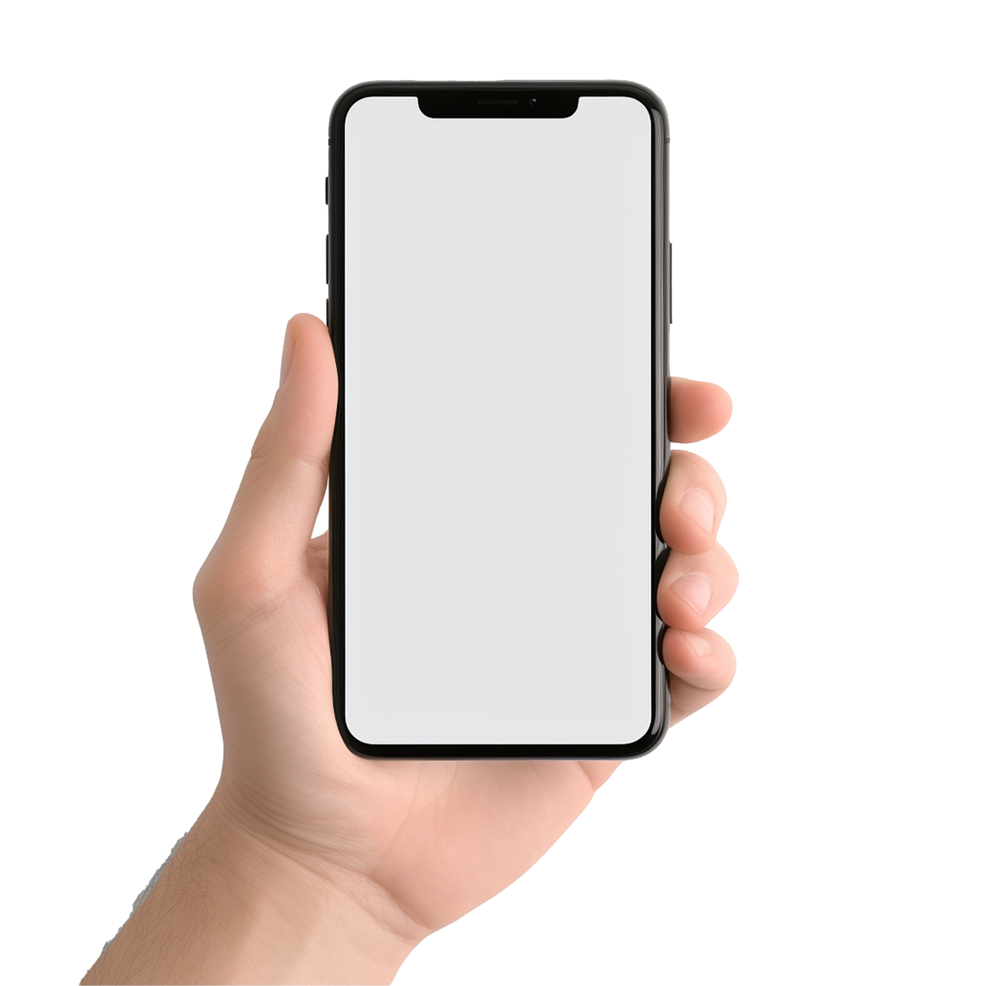 a hand holding an iphone with a blank screen
