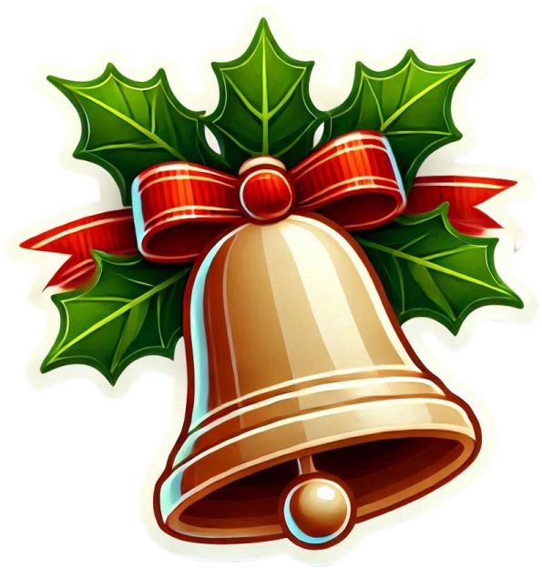 a christmas bell with holly and red ribbon