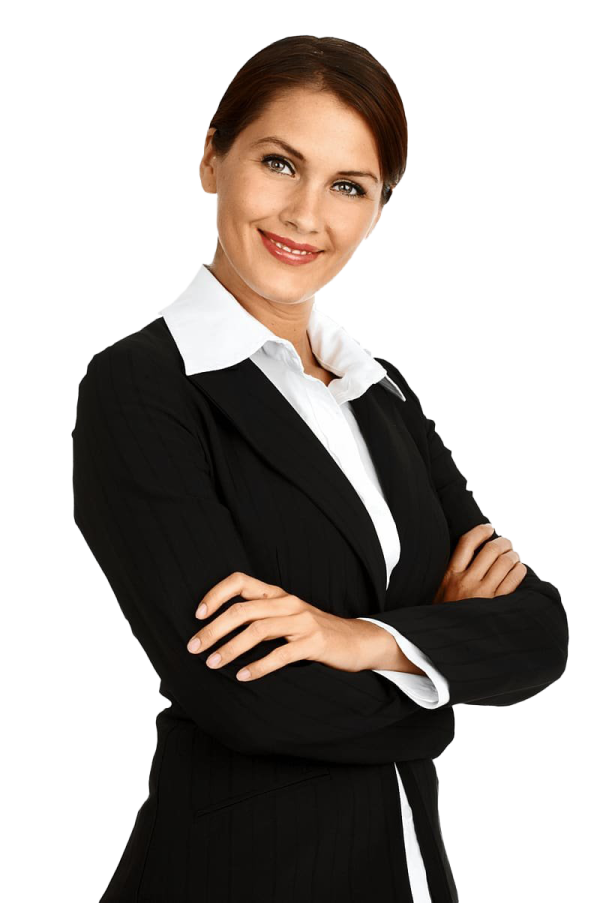 a woman in a suit with her arms crossed