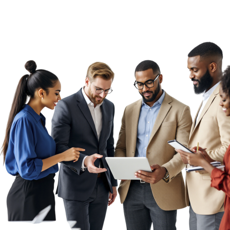 a group of business people looking at a tablet