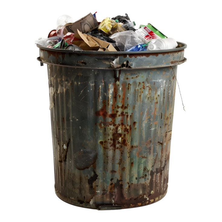 a metal trash can filled with garbage