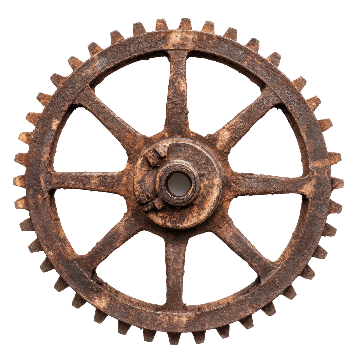 an old rusty gear wheel on a white background