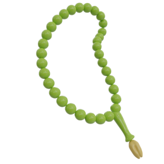 a green beaded necklace with a wooden handle
