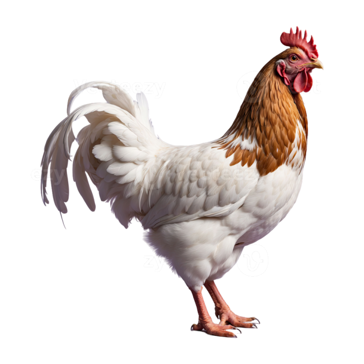 a white and brown rooster standing on its hinds