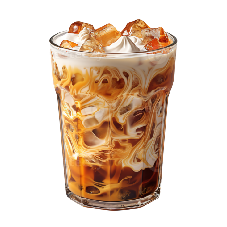 a tall glass of iced coffee with ice