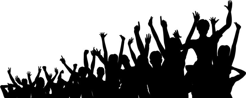 a crowd of people with their hands in the air