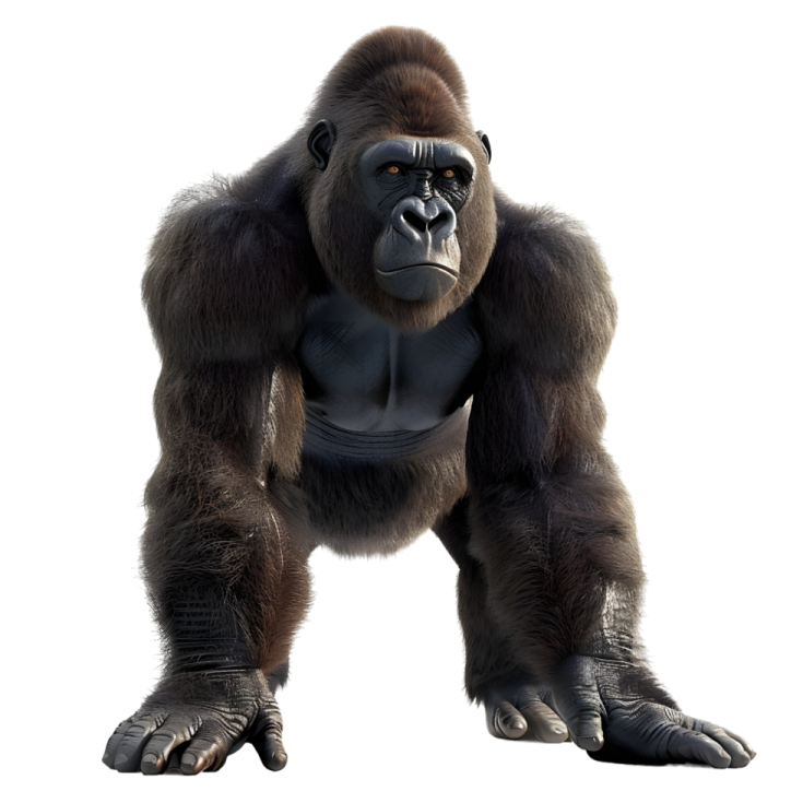 a gorilla standing in front of a white background