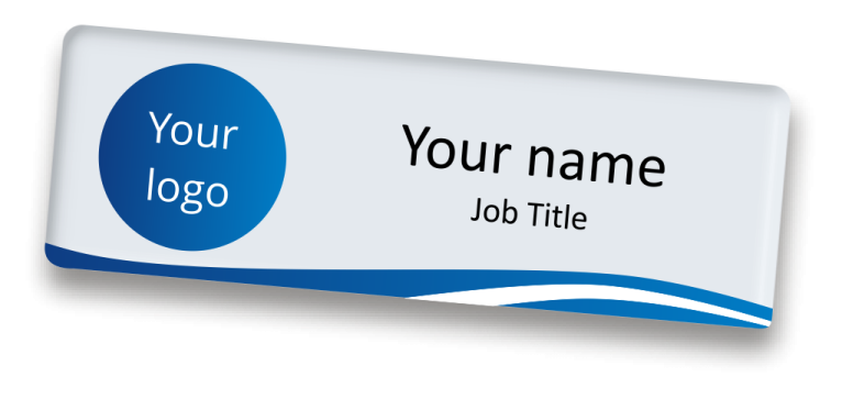 a blue and white business name tag