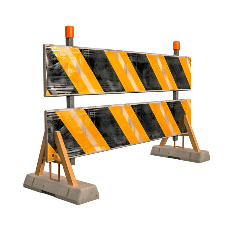 a pair of safety barriers with orange and black stripes