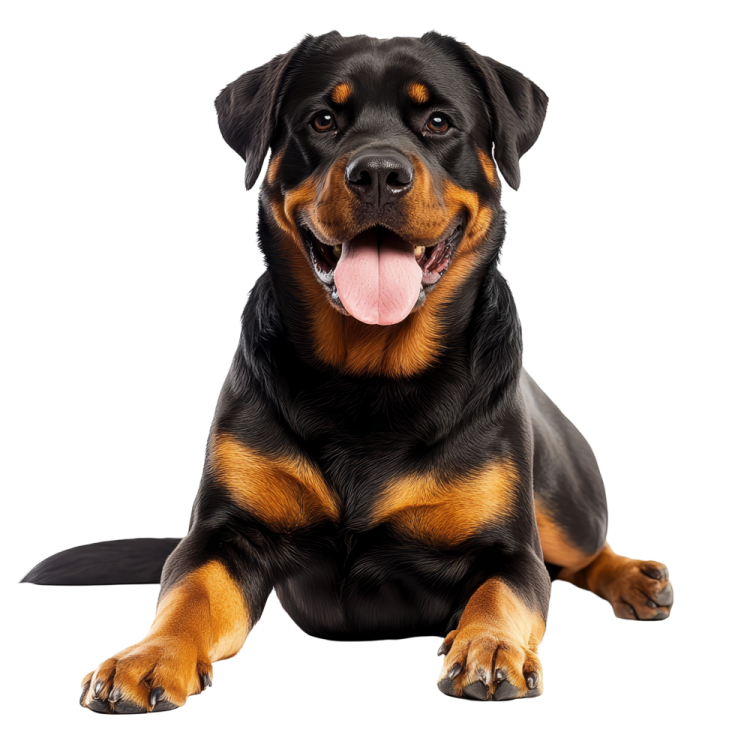 a black and brown dog laying down with its tongue out