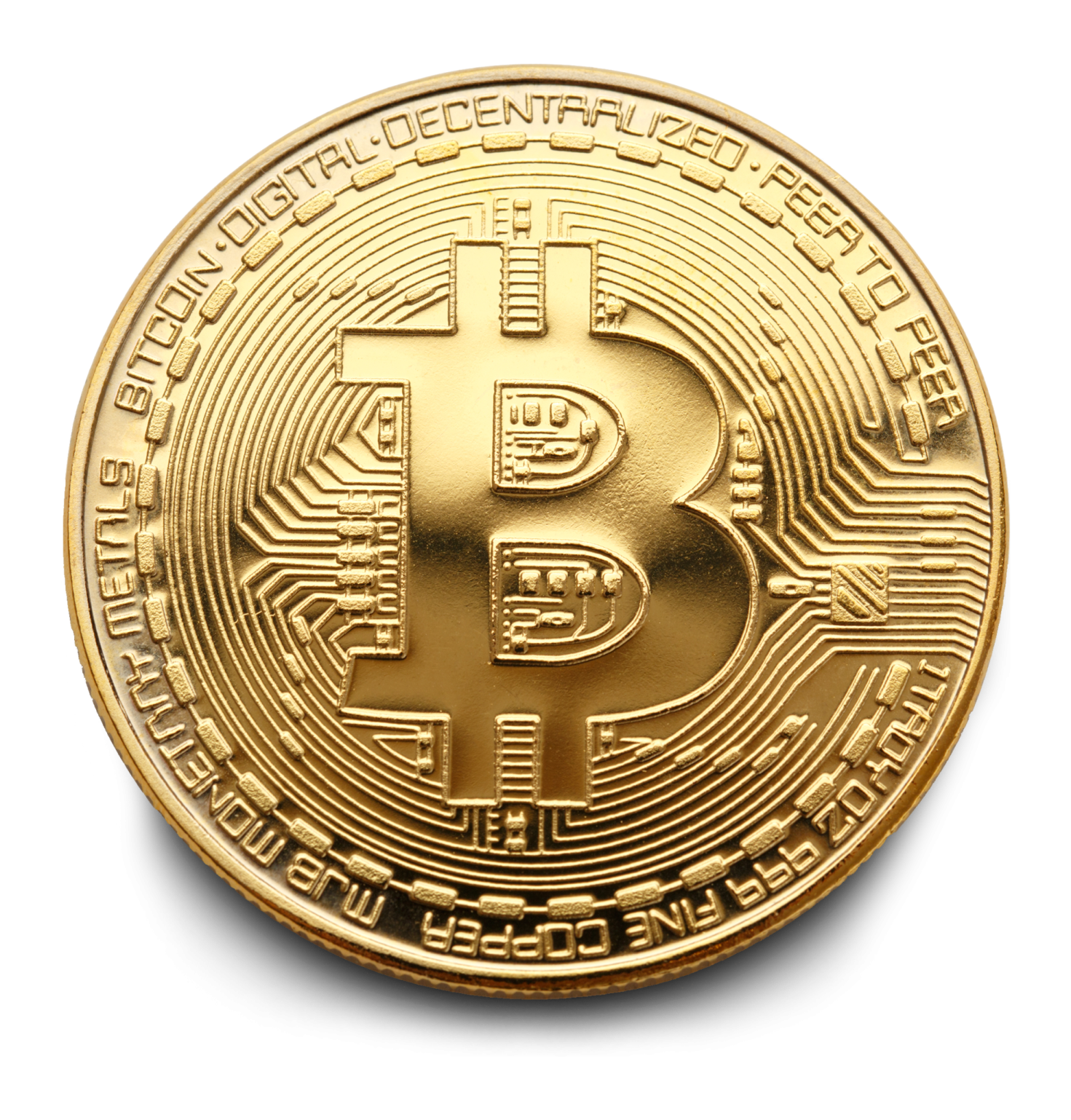 a gold bit coin on a white background