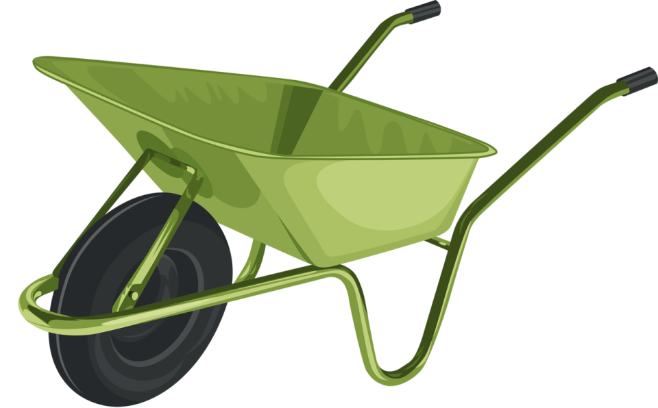 a green wheelbard with black wheels