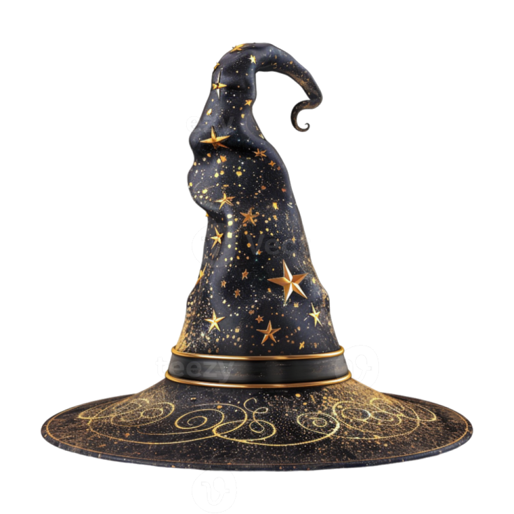a black witch hat with gold stars on it