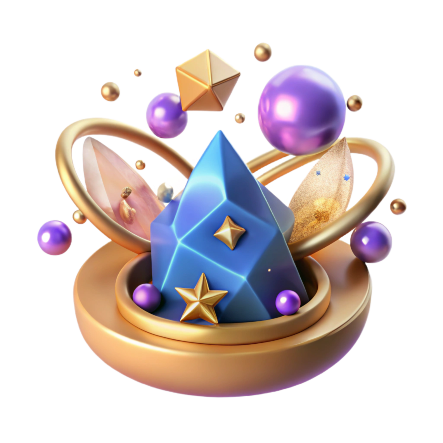 a blue star surrounded by gold and purple balls