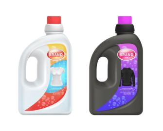 two bottles of liquid and a bottle of deter