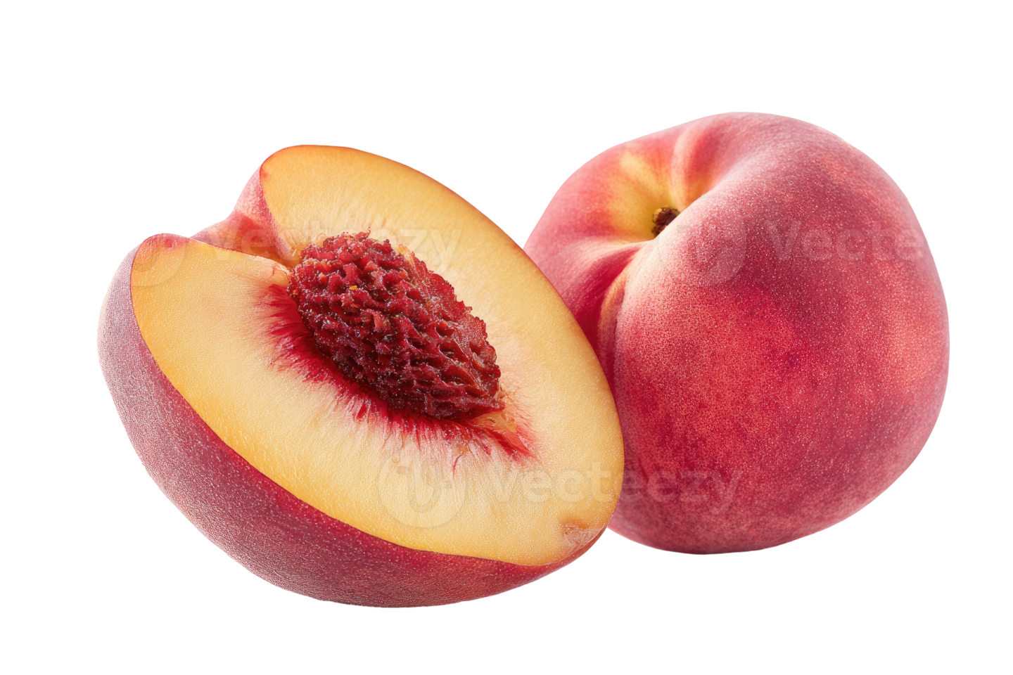 two peaches cut in half on white background