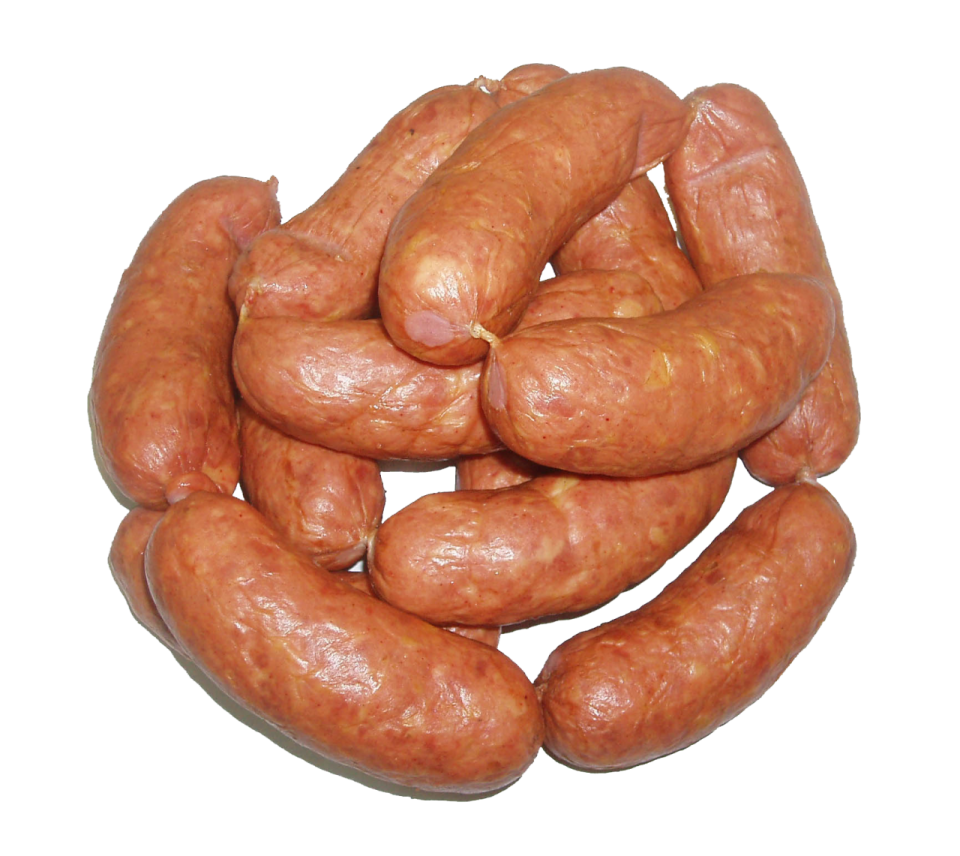 a pile of sausages on white background