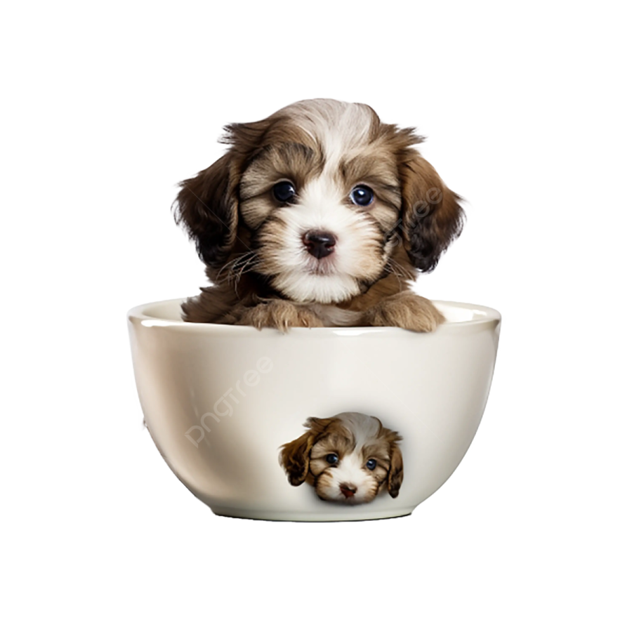 a small dog sitting in a white bowl